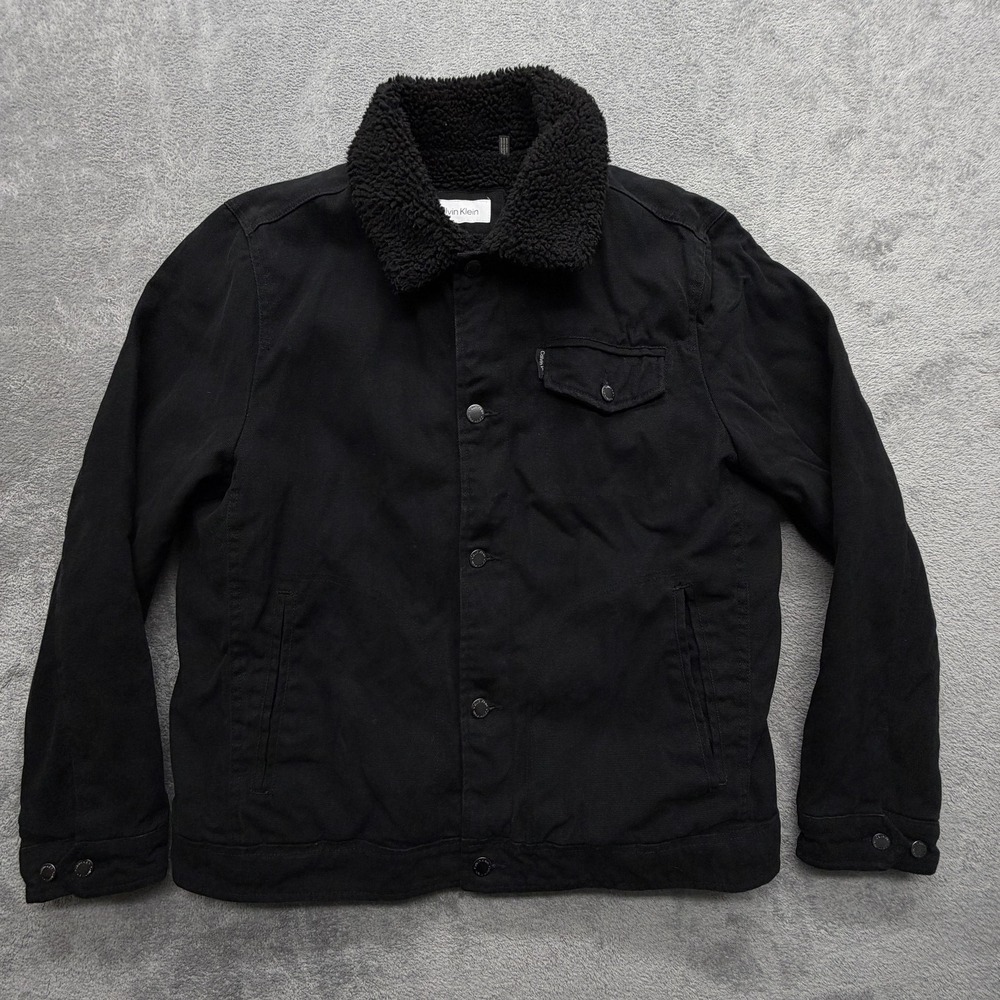 Calvin Klein Jacket Mens Large Black Canvas Sherpa Lined Snap Bomber Winter‎